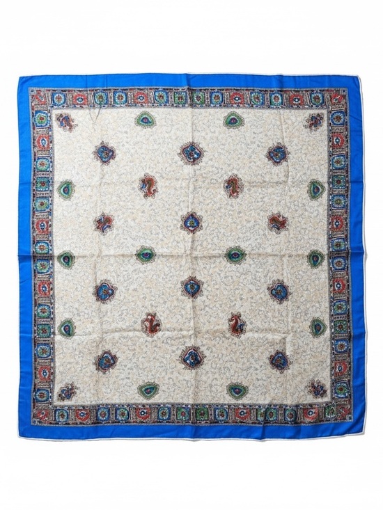 Accessories - Vintage 70’ Cream Paisley Silk Scarf with Blue Border 27x27